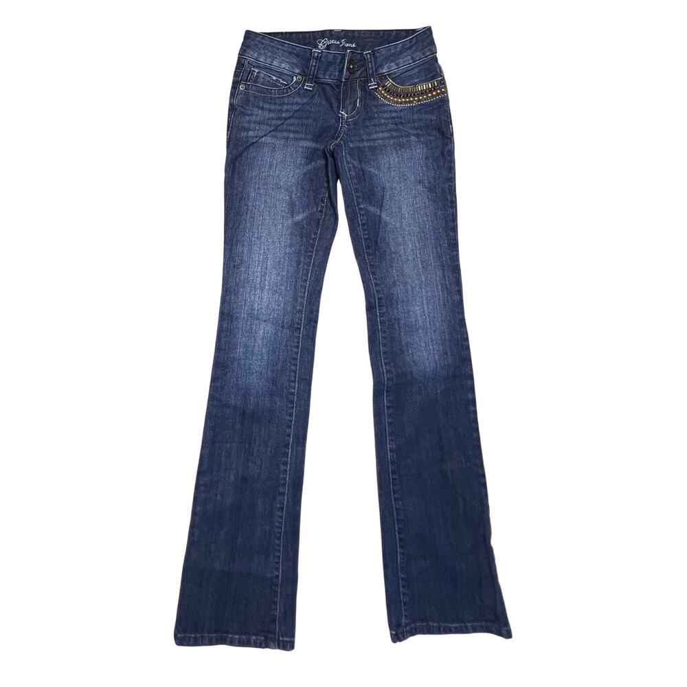 Guess‎ Foxy Embellished Stretch Flared Jeans 24 Denim Gem Jewels Whiskered Studs